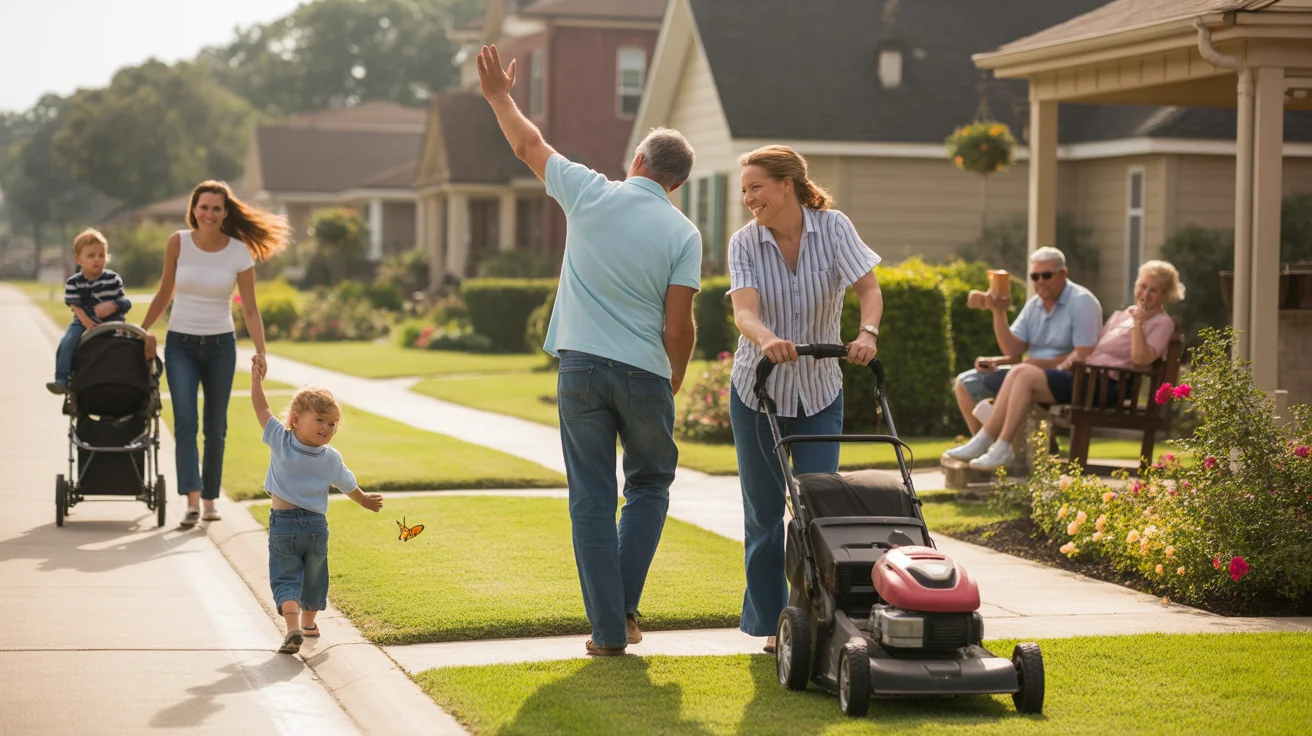 Neighbors wave to each other while mowing their lawns on a sunny Saturday morning in Pearland, Texas