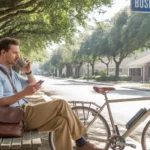 A man waits with his bike and coffee at a shaded suburban bus stop in The Woodlands, Texas