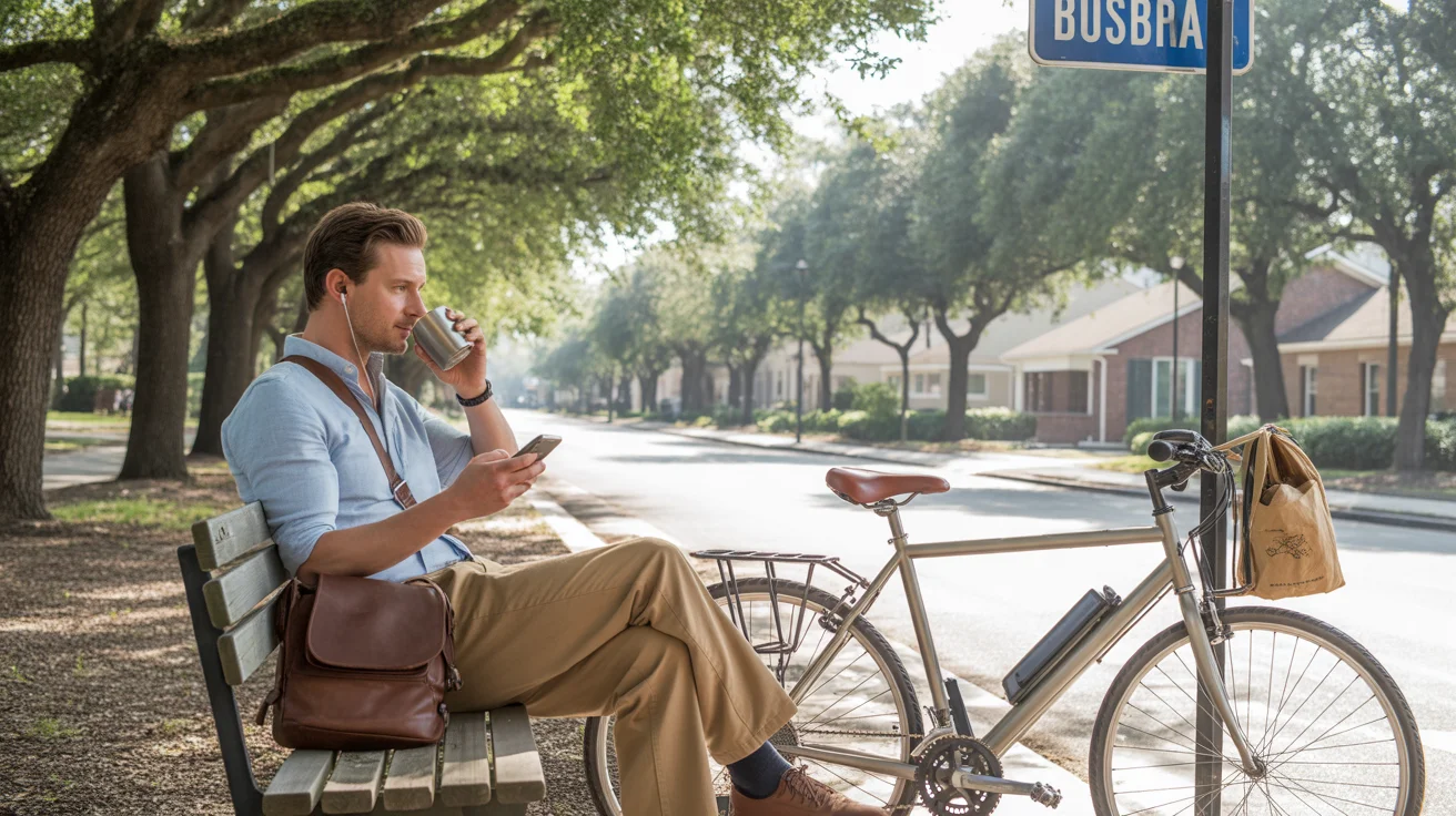 A man waits with his bike and coffee at a shaded suburban bus stop in The Woodlands, Texas
