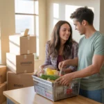 Couple unpacking groceries in new Boulder apartment kitchen