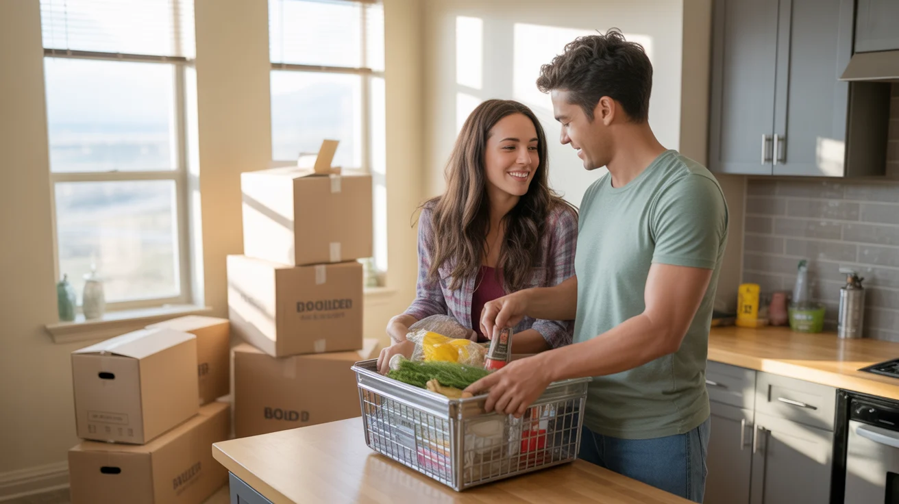 Couple unpacking groceries in new Boulder apartment kitchen