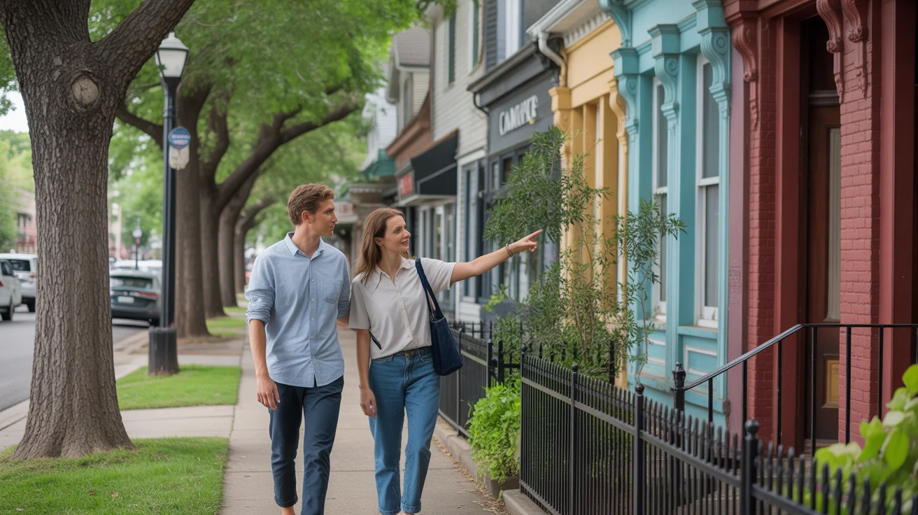 Friends walking down a mixed-use street in a Lakewood neighborhood