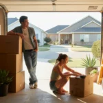 Couple unpacking moving boxes in garage of new home in New Braunfels, TX suburb