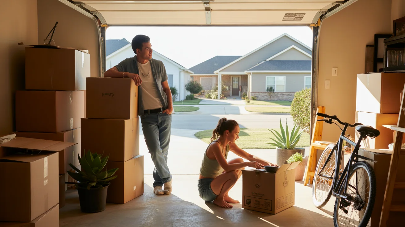 Couple unpacking moving boxes in garage of new home in New Braunfels, TX suburb