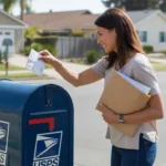 Woman mailing utility payment envelope at mailbox in Orange, California suburb