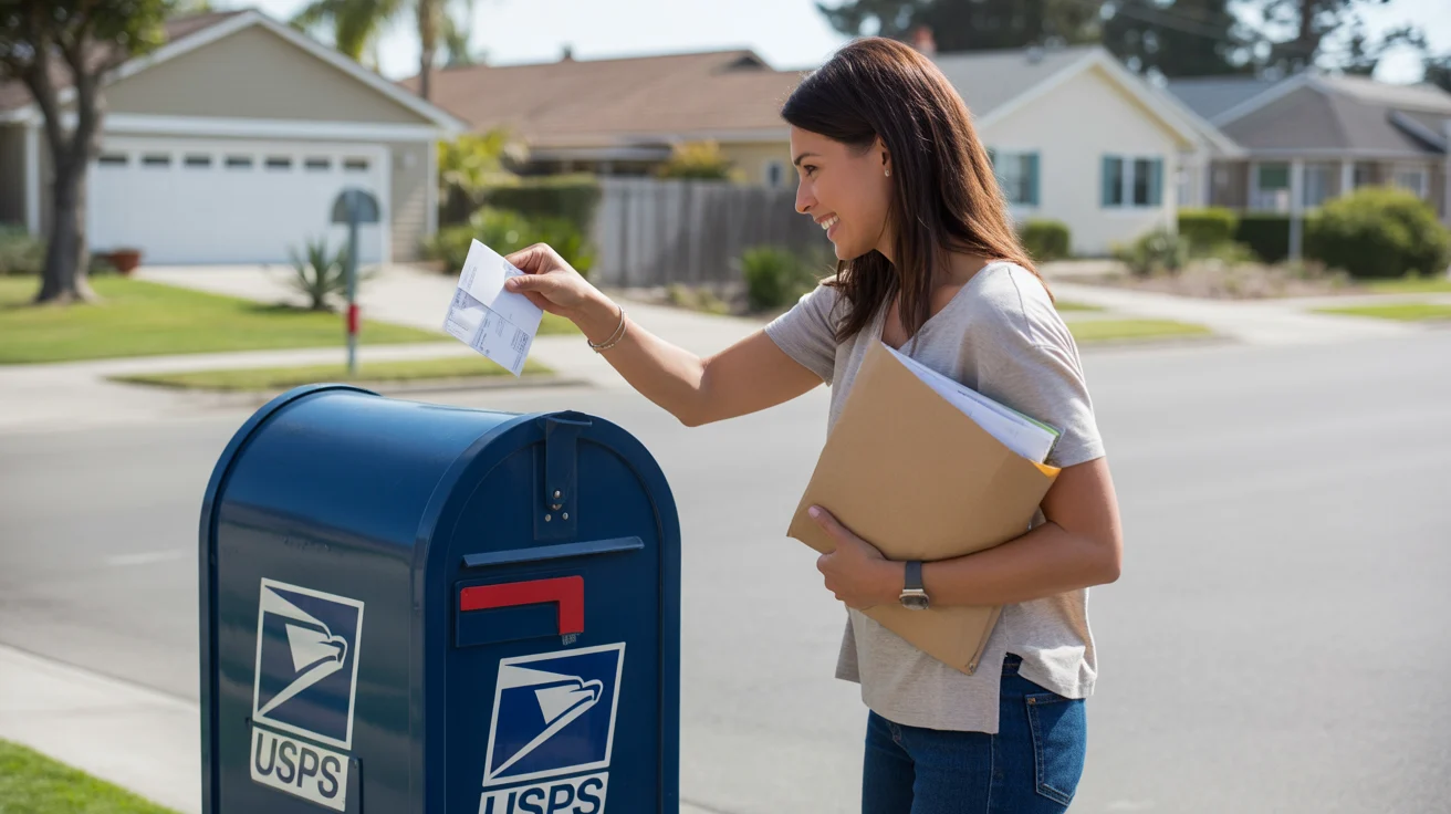 Woman mailing utility payment envelope at mailbox in Orange, California suburb