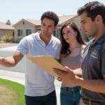 Couple consults with landscaper outside their North Las Vegas home