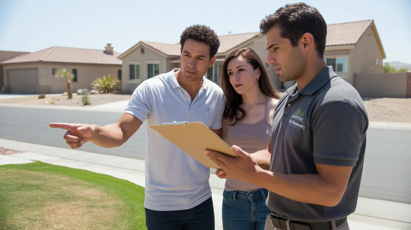 Couple consults with landscaper outside their North Las Vegas home