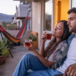 Young couple relaxing on apartment balcony in San Bernardino at dusk