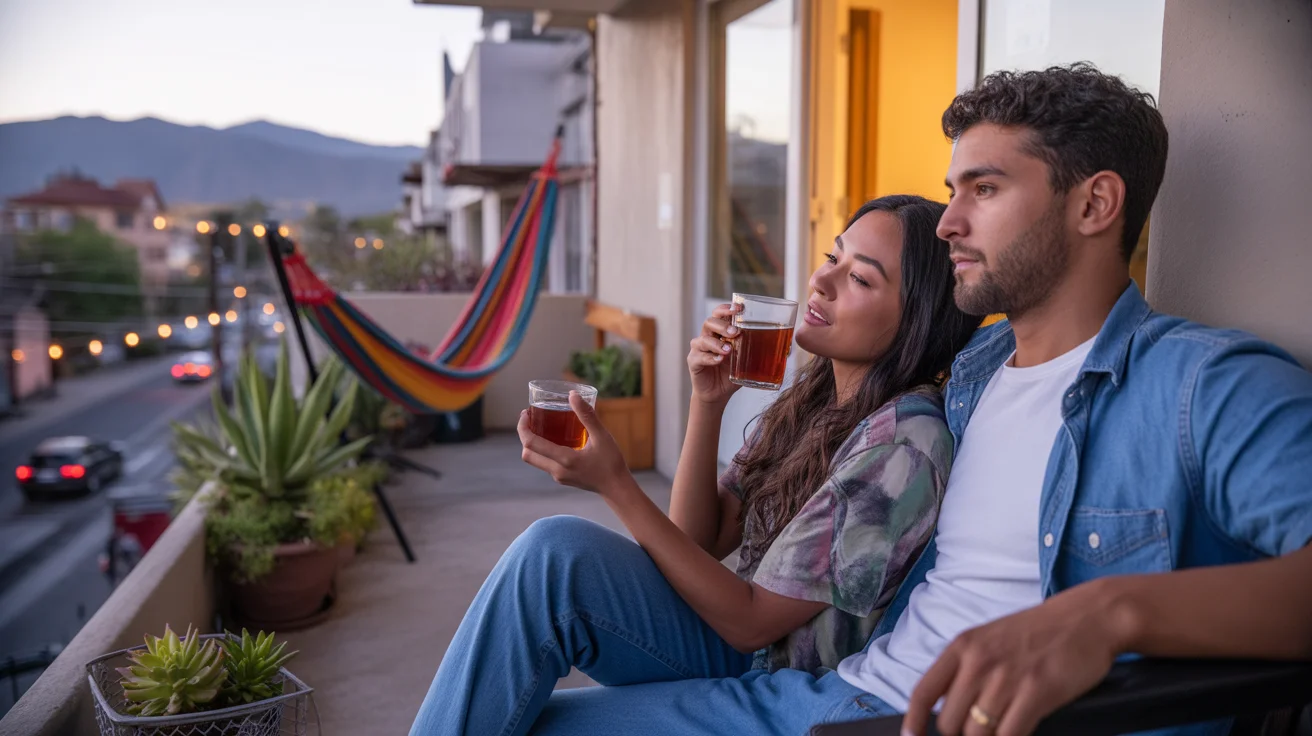 Young couple relaxing on apartment balcony in San Bernardino at dusk
