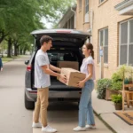 Couple unloading moving boxes from car in front of Joliet IL apartment building