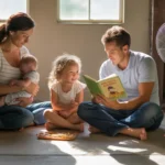 Family gathered on basement sofa to escape summer heat in Mckinney, TX home