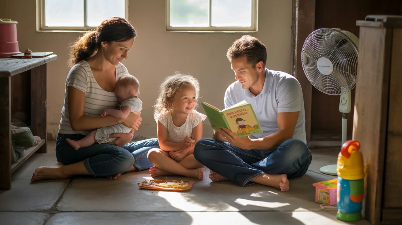 Family gathered on basement sofa to escape summer heat in Mckinney, TX home