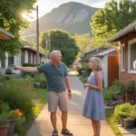Neighbors chat near electric meters in alley behind Boulder homes at sunset