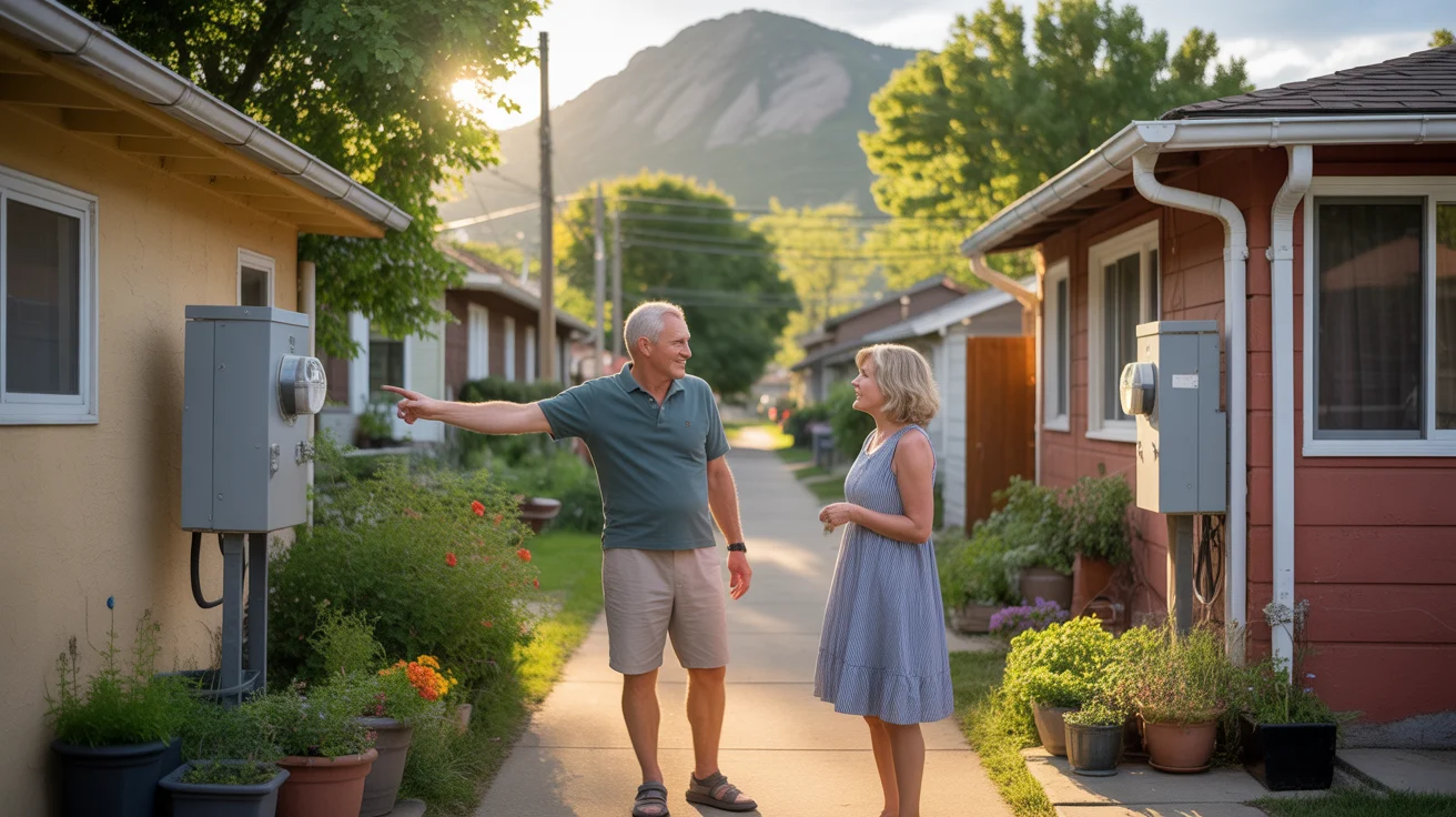 Neighbors chat near electric meters in alley behind Boulder homes at sunset