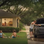 A father works on his car in the driveway while his sons play in the sprinkler on a hot summer evening in Georgetown, Texas