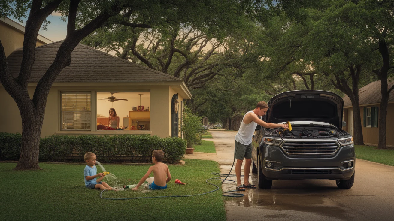 A father works on his car in the driveway while his sons play in the sprinkler on a hot summer evening in Georgetown, Texas