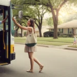A woman stepping off a city bus in front of her home in Sugar Land, TX