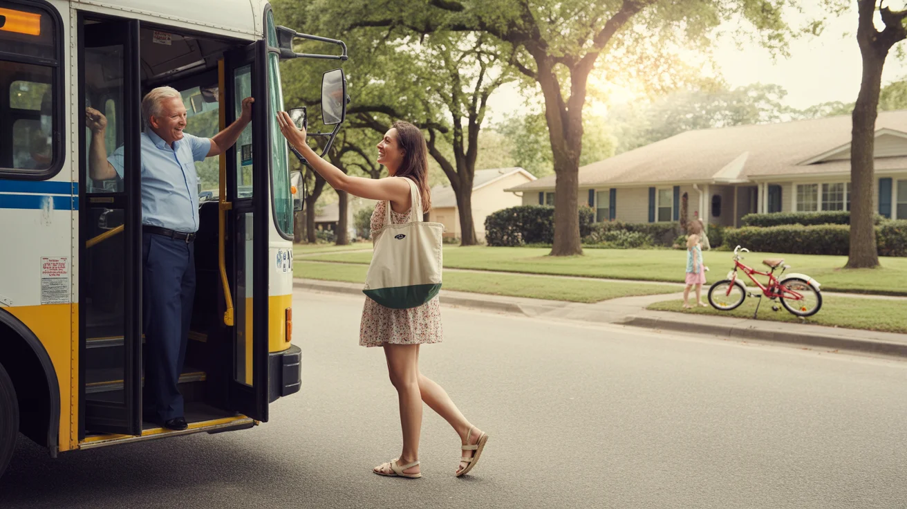 A woman stepping off a city bus in front of her home in Sugar Land, TX