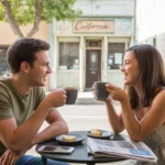 Two roommates enjoy coffee and conversation outside a café in Orange, California on a weekend morning.