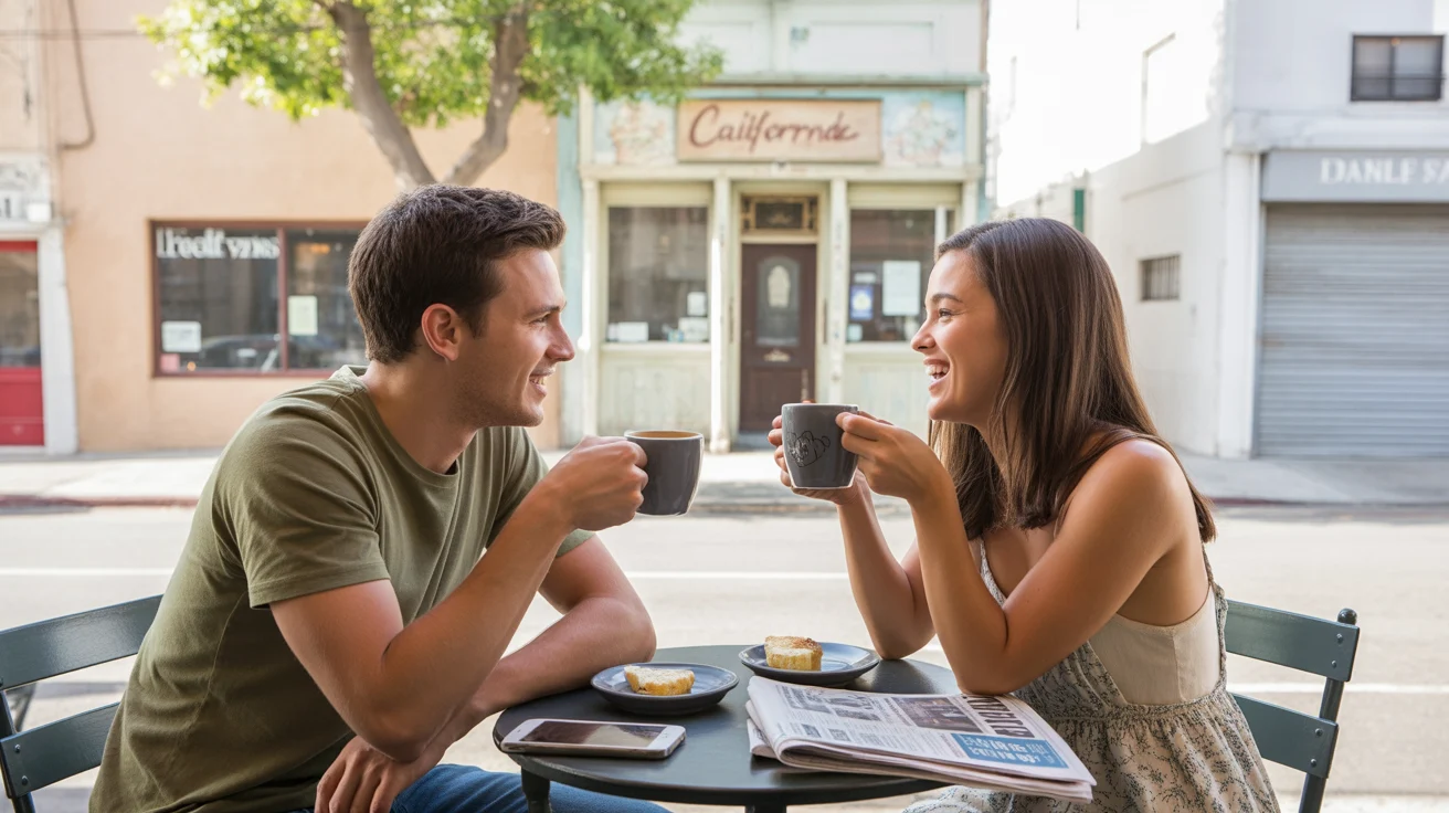 Two roommates enjoy coffee and conversation outside a café in Orange, California on a weekend morning.