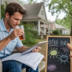 Father on porch reviewing energy bills while daughter plays in Raleigh summer heat