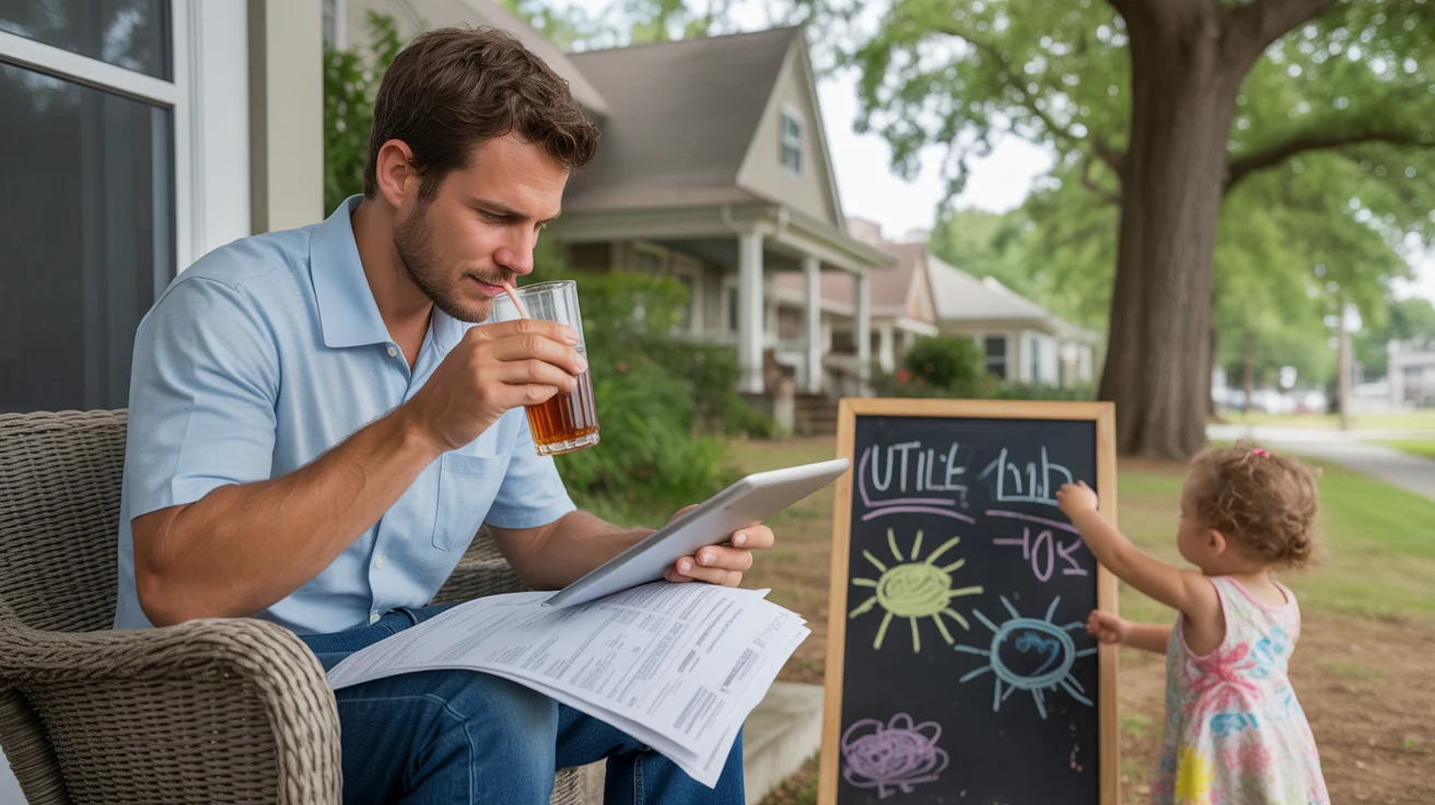Father on porch reviewing energy bills while daughter plays in Raleigh summer heat