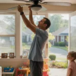Dad adjusting ceiling fan in living room of suburban home in Monroe, NC on hot summer day