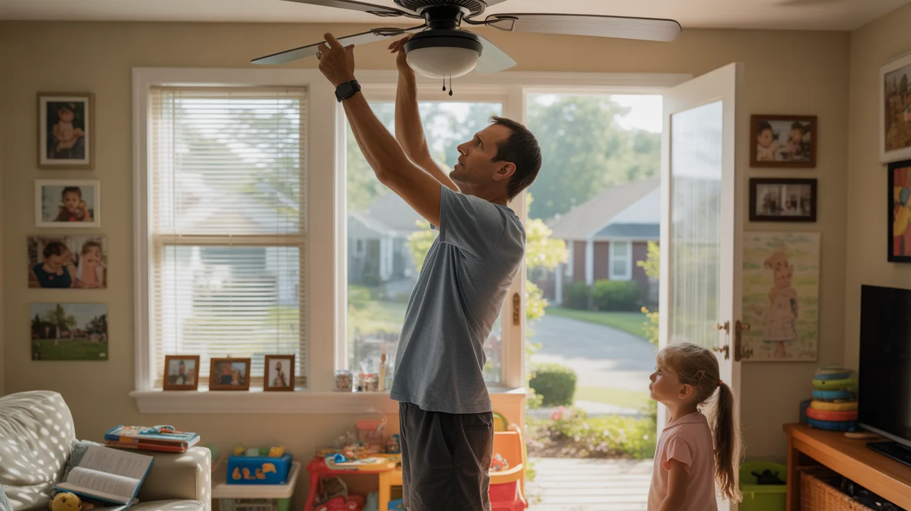 Dad adjusting ceiling fan in living room of suburban home in Monroe, NC on hot summer day