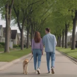 Couple walking dog on residential street in Bolingbrook Illinois