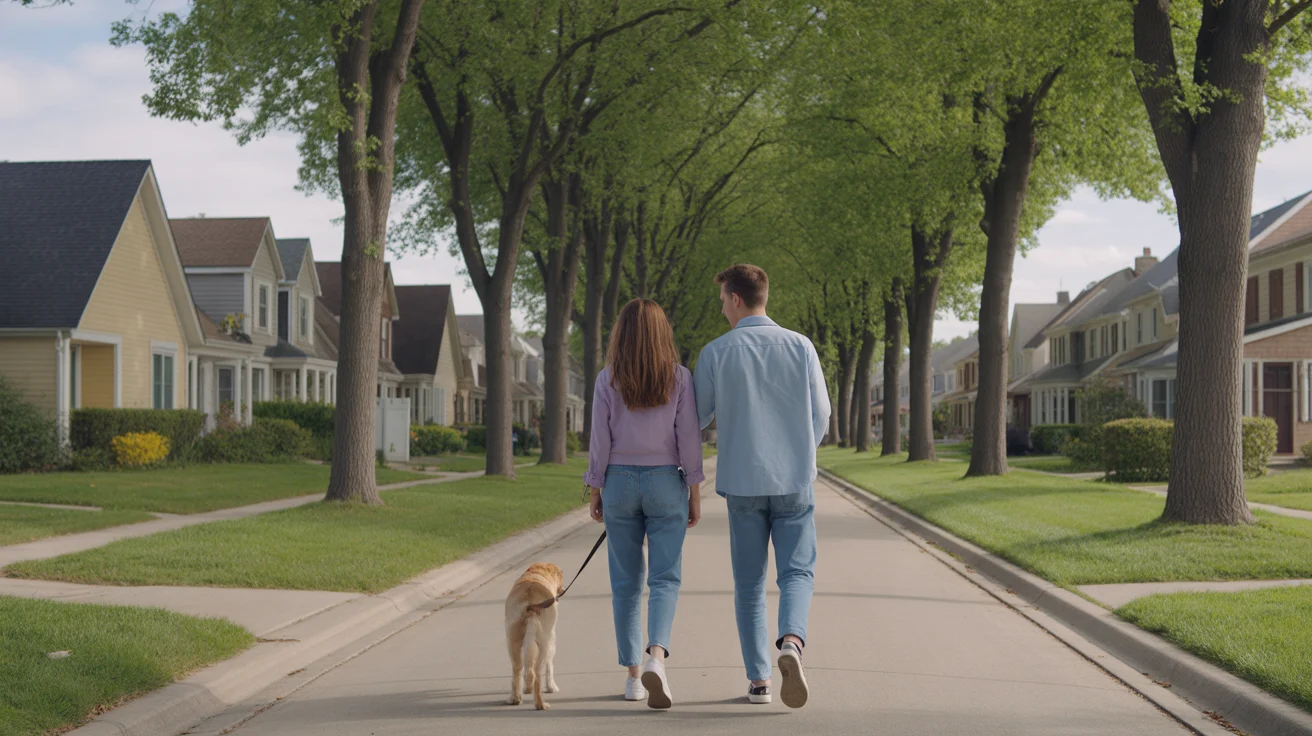 Couple walking dog on residential street in Bolingbrook Illinois