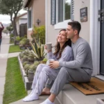 Couple sitting on townhome steps in Murrieta, CA suburb at sunrise.