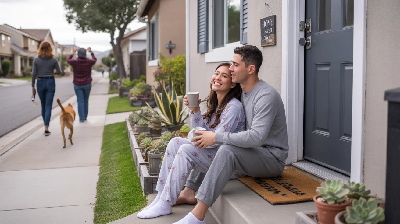 Couple sitting on townhome steps in Murrieta, CA suburb at sunrise.