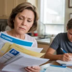 Woman reviewing bills and fees at her kitchen table in Henderson, NV