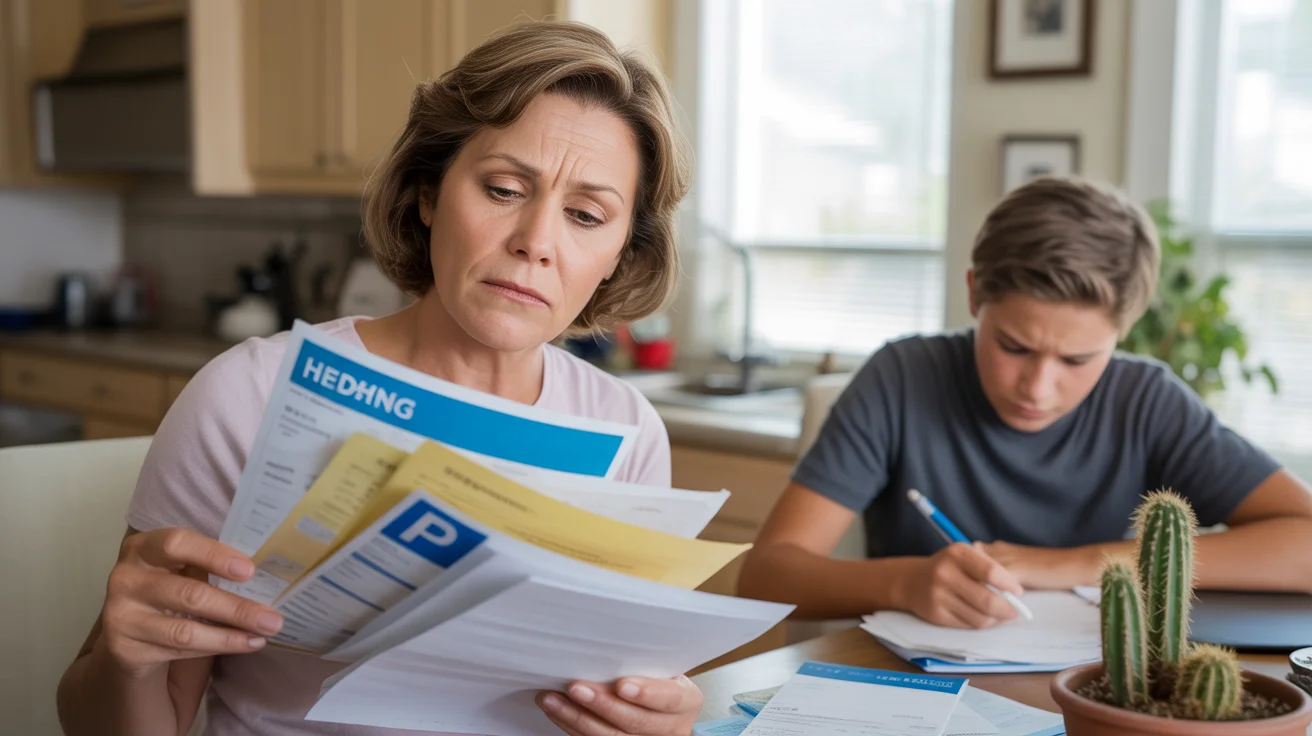 Woman reviewing bills and fees at her kitchen table in Henderson, NV