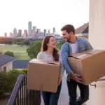 Couple carries moving boxes into new Grand Prairie apartment at sunset