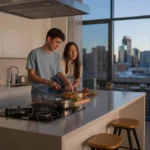 Couple cooking dinner in modern Denver high-rise apartment at dusk