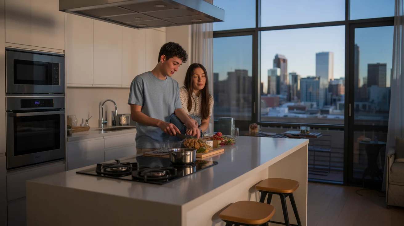 Couple cooking dinner in modern Denver high-rise apartment at dusk