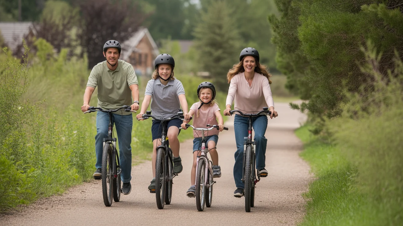 Family biking on nature trail in Aurora, Colorado on a sunny day