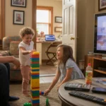 Father watches young children play with blocks on living room floor in West Valley City home