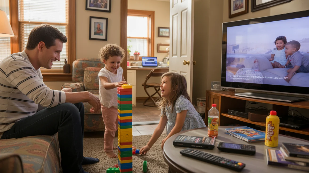 Father watches young children play with blocks on living room floor in West Valley City home