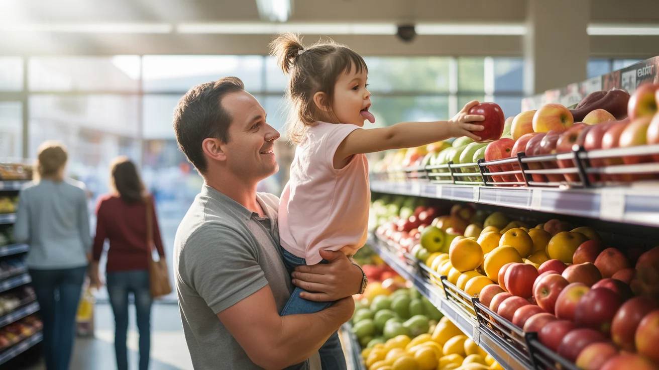 Single dad lifting daughter to reach apple on high shelf in Fullerton grocery store produce section