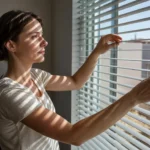 Woman adjusting blinds in sunny apartment in Sunrise Manor, NV