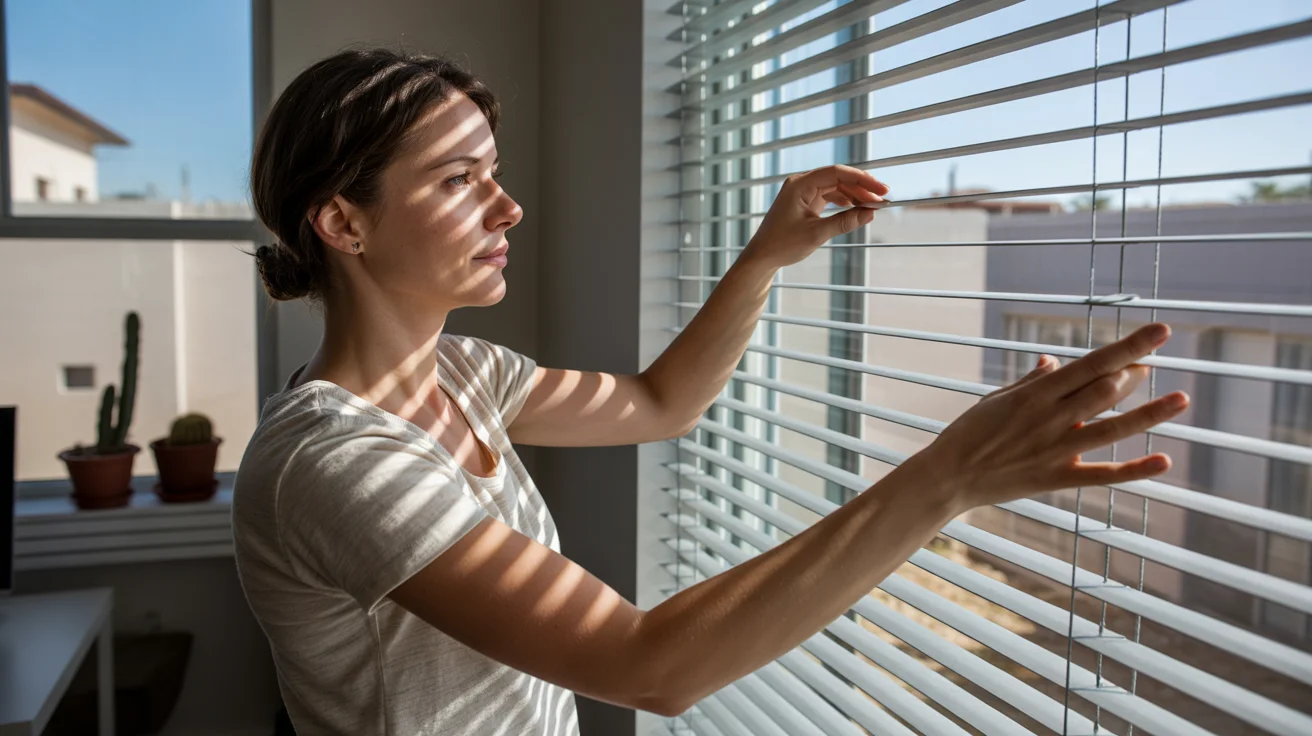 Woman adjusting blinds in sunny apartment in Sunrise Manor, NV