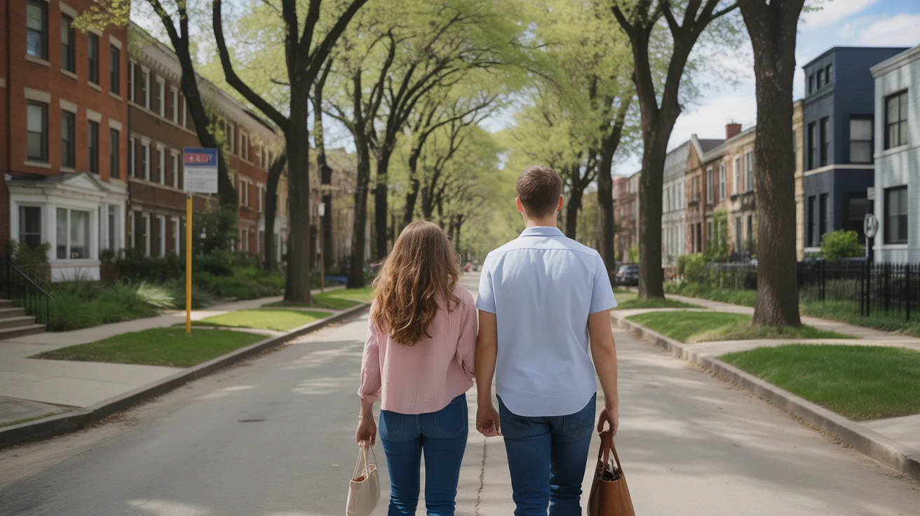 Couple considers housing options while walking in Chicago neighborhood