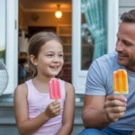 Father and daughter enjoy popsicles on back steps during hot summer evening in Aurora.