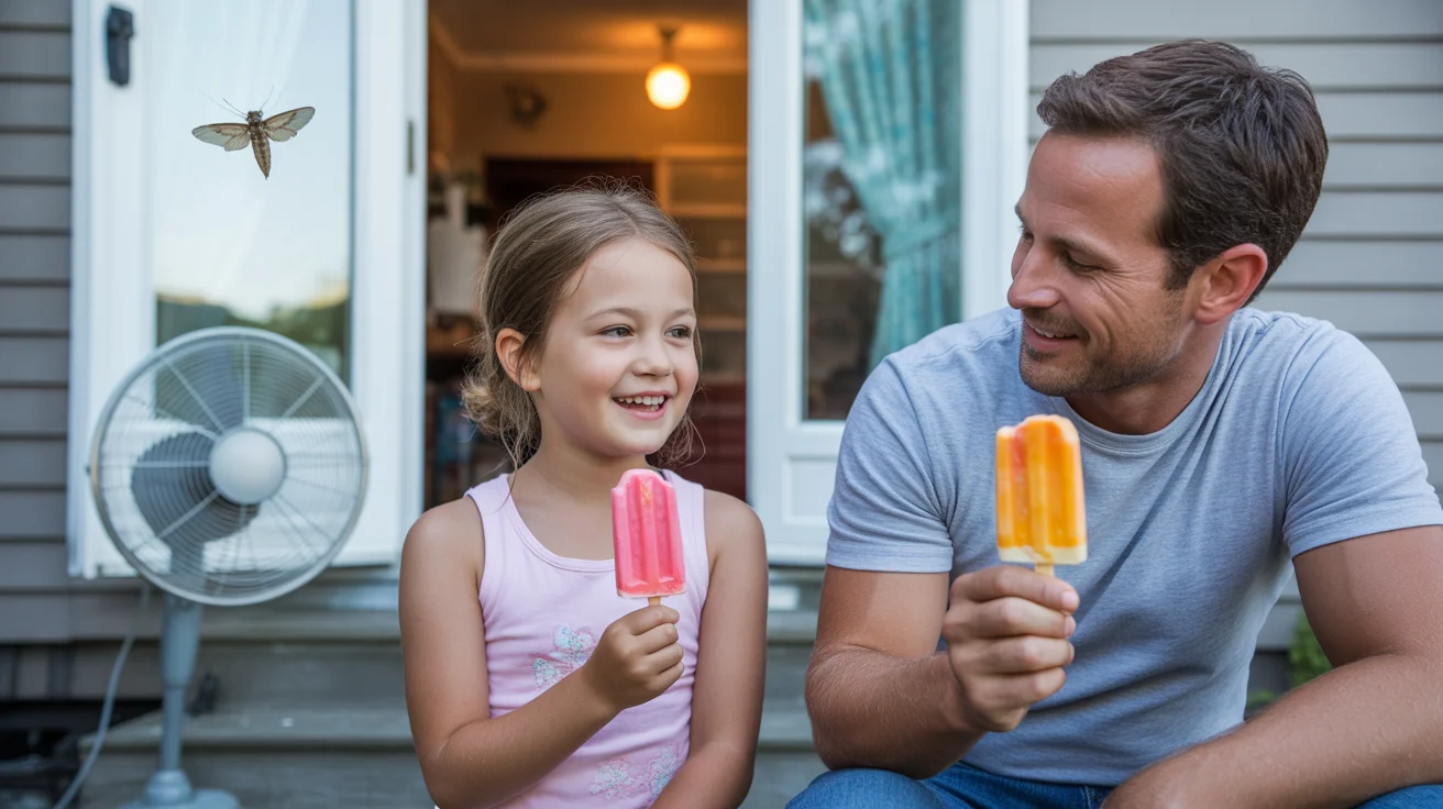 Father and daughter enjoy popsicles on back steps during hot summer evening in Aurora.