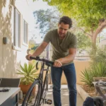 Man assembling bicycle on apartment patio in Tustin, CA