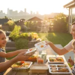 A family enjoys takeout dinner together on their backyard patio in Denver at sunset.