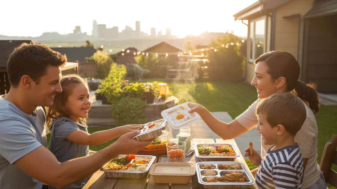 A family enjoys takeout dinner together on their backyard patio in Denver at sunset.